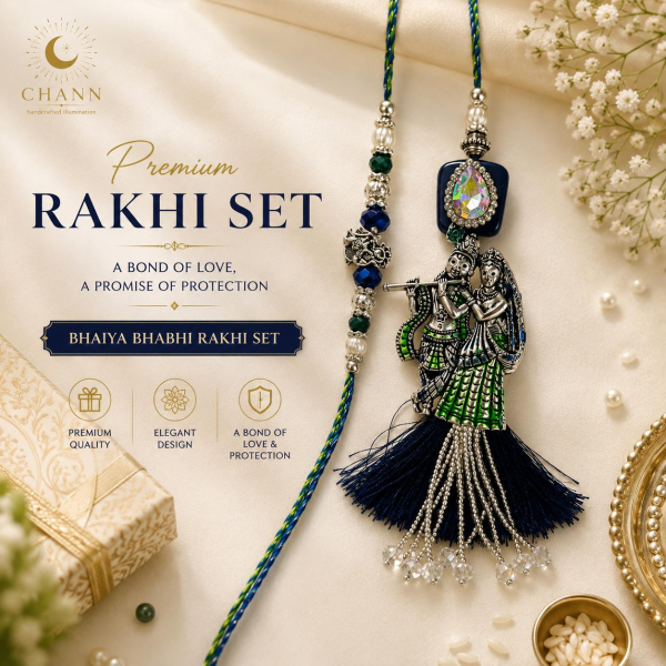 Blue Silver Krishna Kundan Couple Rakhi