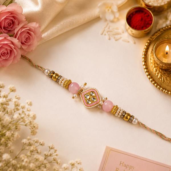Premium Pink Kundan Pearl Rakhi