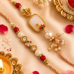 Premium Peach Kundan Bhaiya Bhabhi Rakhi Set