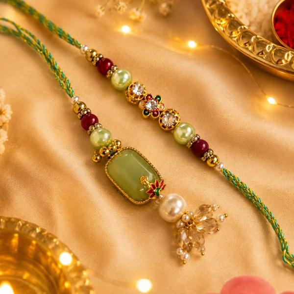 Premium Pista Green Kundan Bhaiya Bhabhi Rakhi Set