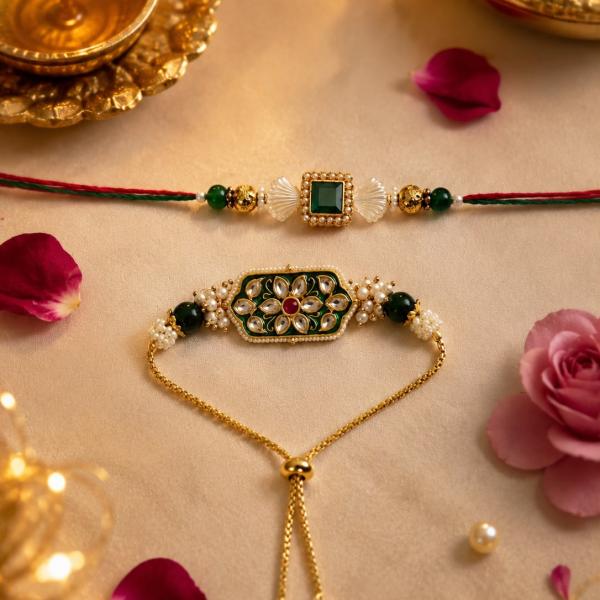 Premium Kundan Green Bhaiya Bhabhi Rakhi Set