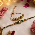 Premium Kundan AD Green Pearl Bhaiya Bhabhi Rakhi Set