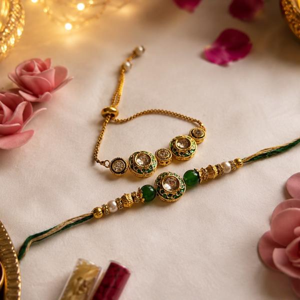 Premium Kundan AD Green Pearl Bhaiya Bhabhi Rakhi Set