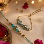 Premium Kundan AD Blue Pearl Bhaiya Bhabhi Rakhi Set