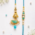 Premium Blue Kundan Peacock Bhaiya Bhabhi Rakhi Set
