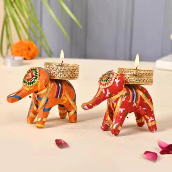 Elephant Tea Light Holder Set of 2 (Assorted Colors)